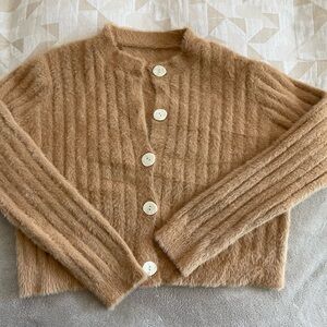 Chicwish Fuzzy Ribbed Button-Front Cardigan - Camel